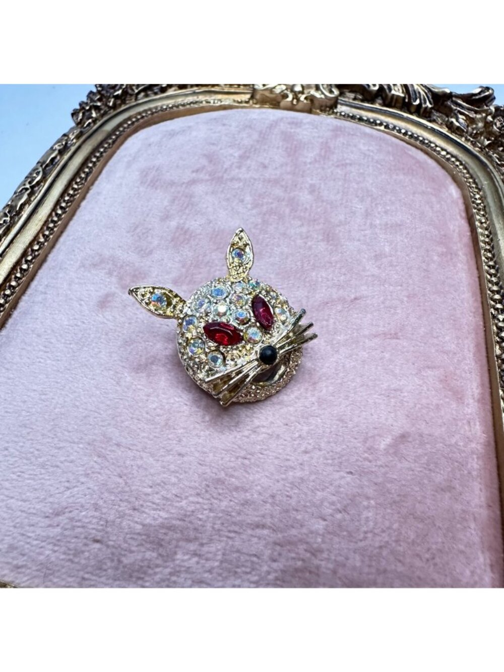 Vintage Aurora Borealis Crystal Rabbit Brooch Pin Red Rhinestone Eyes Gold-Tone - Picture 13 of 16